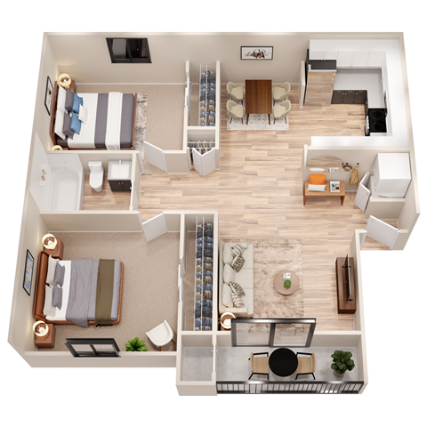 a 3d drawing of the living room and dining room of a 1 bedroom apartment